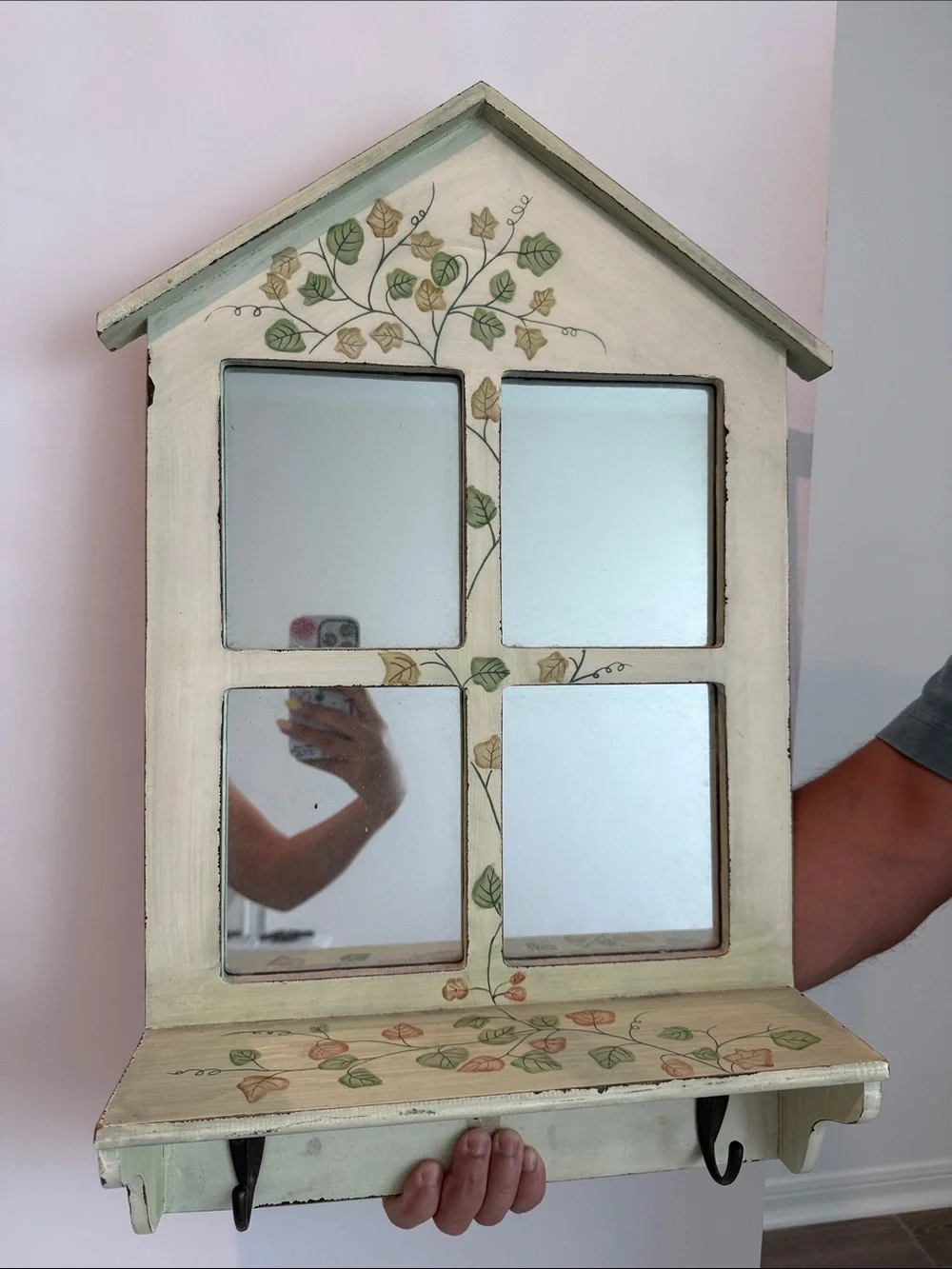 Hand-Painted Cottage Wall Mirror Shelf in Cream and Green